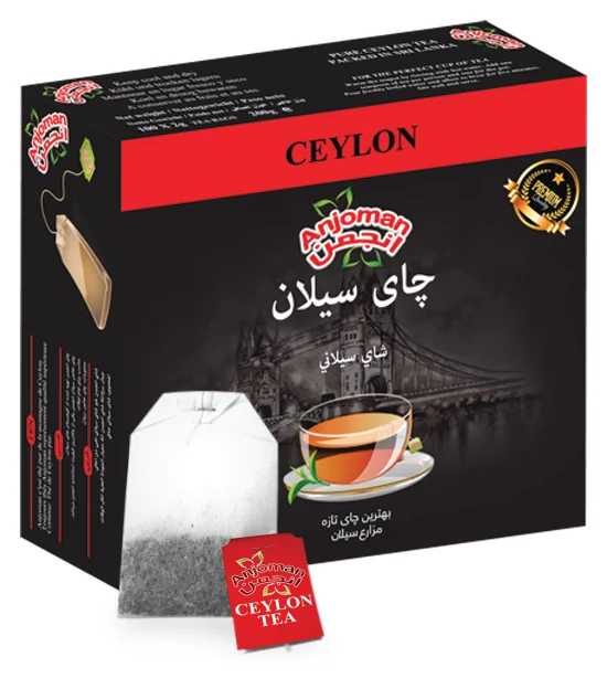 Carton of tagged Ceylon tea bags